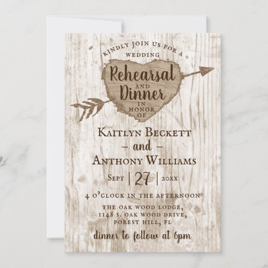 彫刻されたハート結婚ツリーのリハーサルディナー 招待状 (正面)