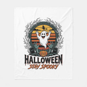 彫刻された幽霊の月のデザインのレトロハロウィンTシャツ フリースブランケット