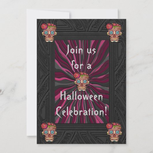 彫刻された木の様なスカルに花の冠 招待状 (正面)