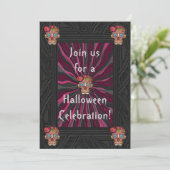 彫刻された木の様なスカルに花の冠 招待状 (スタンド正面)