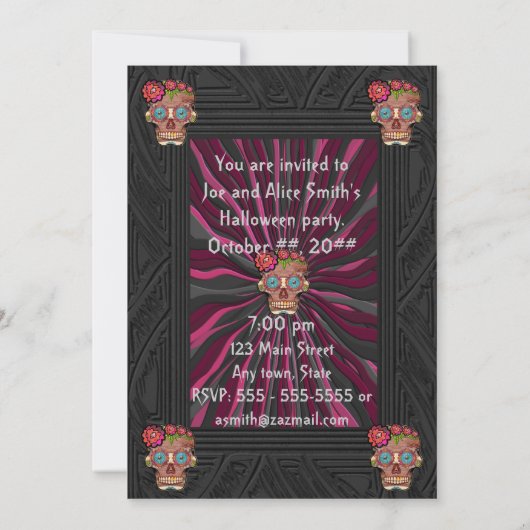 彫刻された木の様なスカルに花の冠 招待状 (裏面)