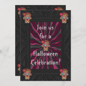 彫刻された木の様なスカルに花の冠 招待状 (正面/裏面)