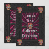 彫刻された木の様な砂糖骸骨 フローラルクラウン付き 招待状 (正面/裏面)