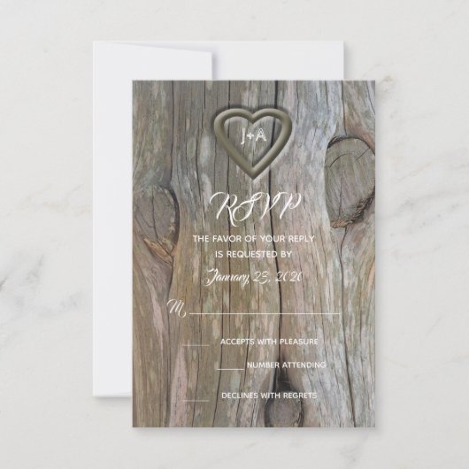 彫刻された木材ハートRSVP招待状 出欠カード (正面)