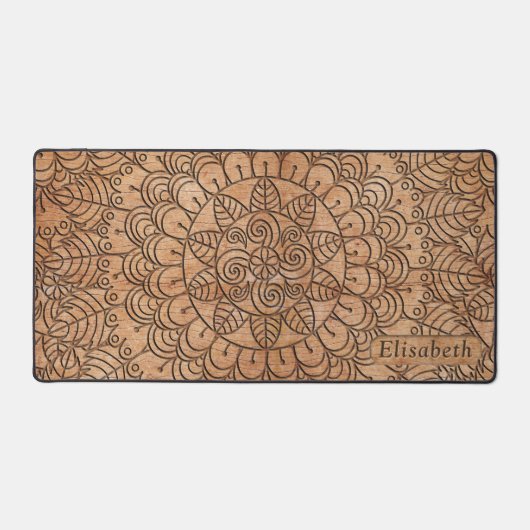 彫刻された木材フローラサークルパーソナライズされた曼荼羅 デスクマット (正面)