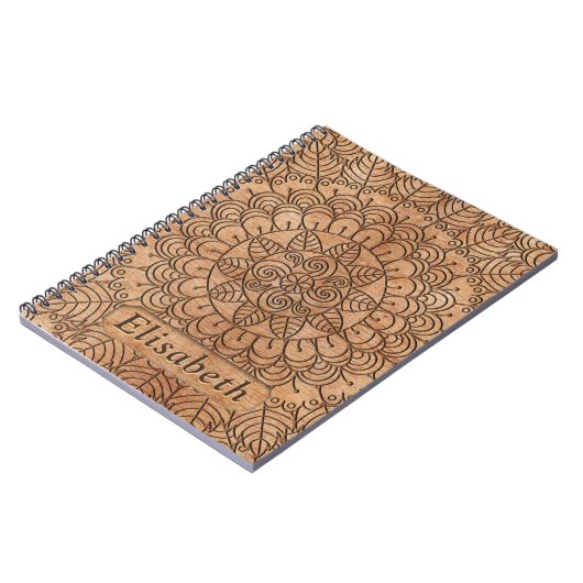 彫刻された木材フローラサークルパーソナライズされた曼荼羅 ノートブック (左側)