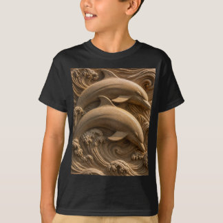 彫刻された木製のイルカ 海の波 グラフィック Tシャツ