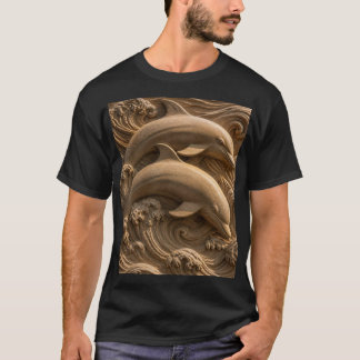 彫刻された木製のイルカ 海の波 グラフィック Tシャツ