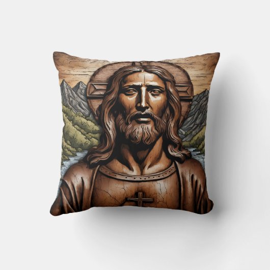 彫刻された木製のポートレートのイエズスの中自然 クッション (裏面)