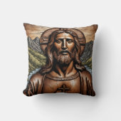 彫刻された木製のポートレートのイエズスの中自然 クッション (正面)