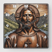 彫刻された木製のポートレートのイエズスの中自然 スクエア壁時計 (正面)