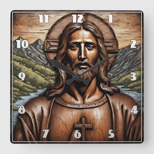 彫刻された木製のポートレートのイエズスの中自然 スクエア壁時計 (正面)