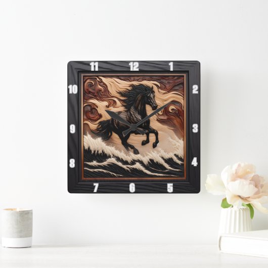 彫刻された波ギャロッピング木馬時計 スクエア壁時計 (ホーム)