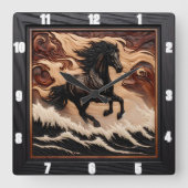 彫刻された波ギャロッピング木馬時計 スクエア壁時計 (正面)