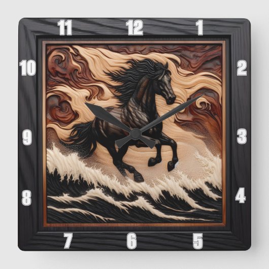 彫刻された波ギャロッピング木馬時計 スクエア壁時計 (正面)