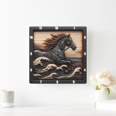 彫刻された波ギャロップ:木製の見える馬 スクエア壁時計 (ホーム)