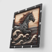 彫刻された波ギャロップ:木製の見える馬 スクエア壁時計 (傾斜)