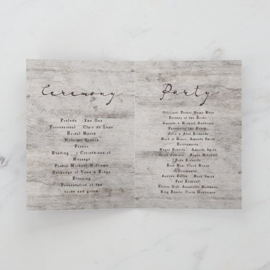 彫刻された素朴樺の木結婚の儀式 プログラム (内部)