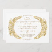 彫刻された花アカントゥス葉n花色金ゴールド 招待状 (正面/裏面)