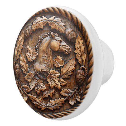 彫刻された馬のロープ 栗とオークの葉 セラミックノブ (右)