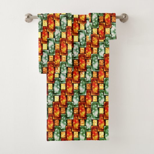 彫刻と染色された緑の赤い長方形のプレート バスタオルセット (インサイチュ)