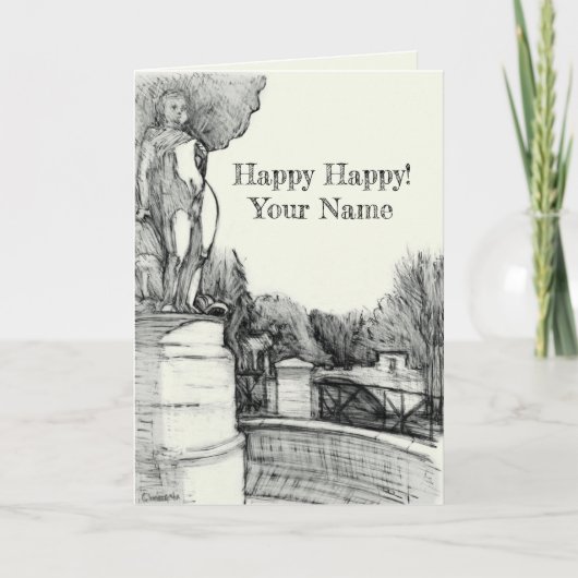 彫刻の少年と公園の古い噴水 カード (正面)