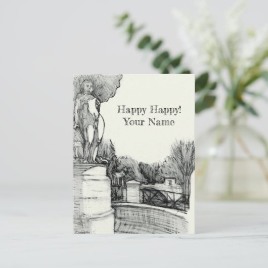 彫刻の少年と公園の古い噴水 シーズンポストカード (スタンド正面)