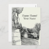 彫刻の少年と公園の古い噴水 シーズンポストカード (正面/裏面)