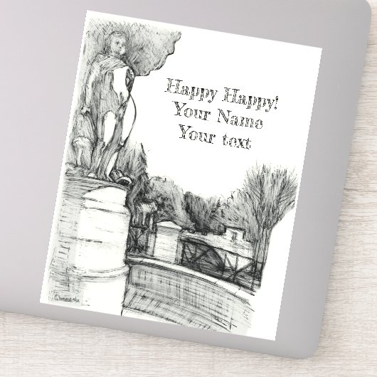 彫刻の少年と公園の古い噴水 シール (詳細)