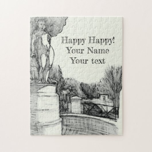 彫刻の少年と公園の古い噴水 ジグソーパズル (縦)