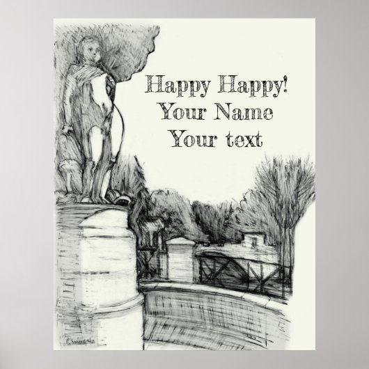 彫刻の少年と公園の古い噴水 ポスター (正面)