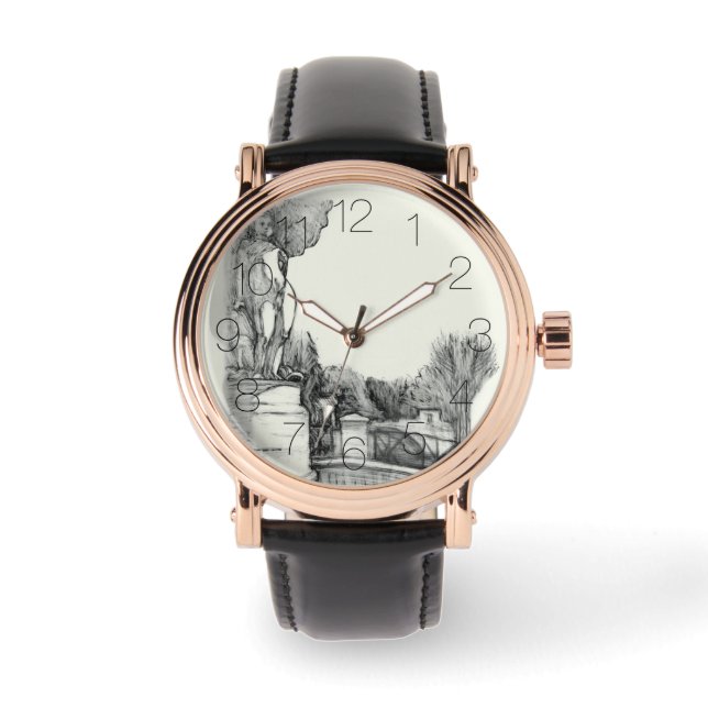 彫刻の少年と公園の古い噴水 腕時計 (正面)