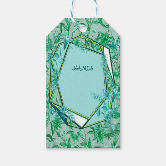 彫刻の質感のある裏地にエメラルドグリーン ギフトタグ (正面)