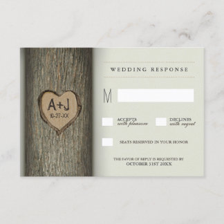 彫刻イニシャルハートOak tree結婚式RSVPカード 出欠カード