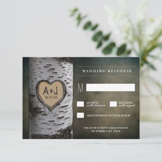 彫刻イニシャル樺の木ツリー結婚RSVPカード 出欠カード (スタンド正面)