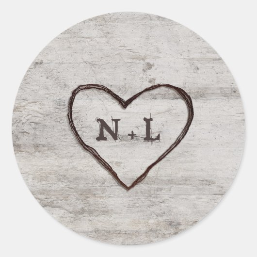 彫刻スウィートアー素朴樺の木モノグラム結婚ズ ラウンドシール (正面)