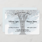 彫刻ハートとストリングライトブルーの木 招待状 (正面/裏面)