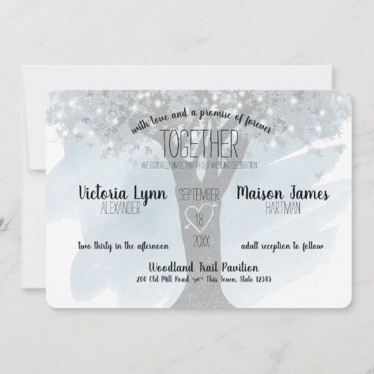 彫刻ハートとストリングライトブルーの木 招待状 (正面)