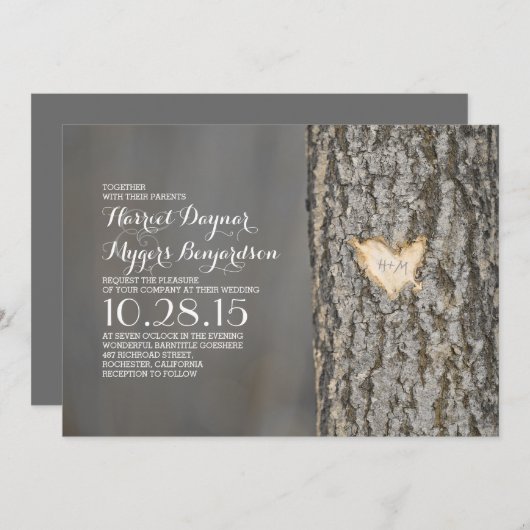 彫刻ハートの木の田舎の結婚式 招待状 (正面/裏面)