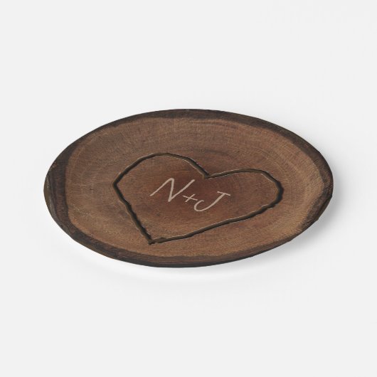 彫刻ハートウッドツリーバーク素朴結婚式の引き出物 ペーパープレート (アングル)