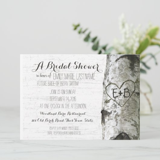 彫刻ハート樺の木ツリーブライダルシャワー 招待状 (スタンド正面)