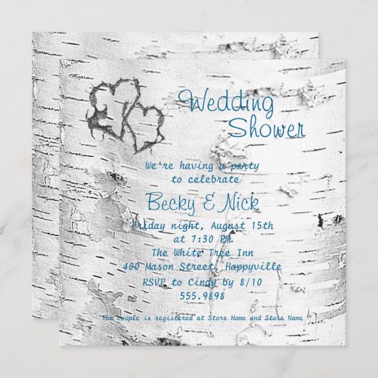 彫刻ハート樺の木バークウェディングシャワー 招待状 (正面/裏面)
