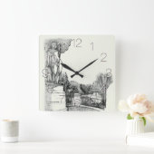 彫刻少年と公園の古い噴水 スクエア壁時計 (ホーム)