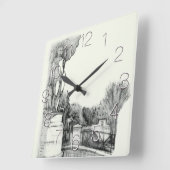 彫刻少年と公園の古い噴水 スクエア壁時計 (傾斜)