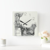 彫刻少年と公園の古い噴水 スクエア壁時計 (ホーム)