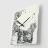 彫刻少年と公園の古い噴水 スクエア壁時計 (傾斜)