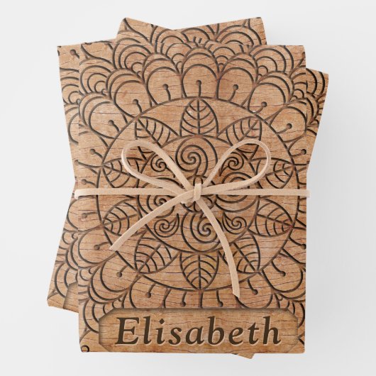 彫刻木フローラサークルマンダラパーソナライズされた ラッピングペーパーシート (インサイチュ)