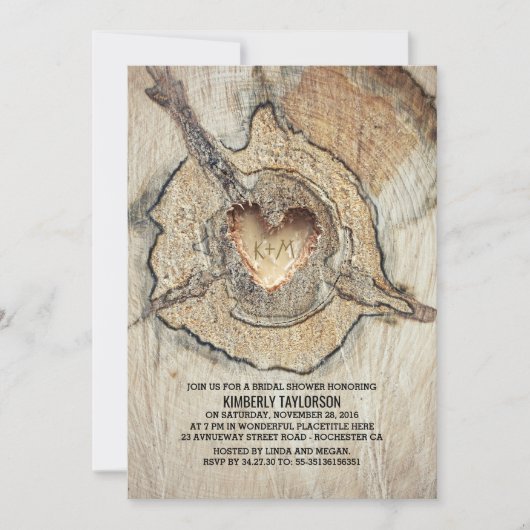 彫刻木材ハート素朴ツリーブライダルシャワー 招待状 (正面)