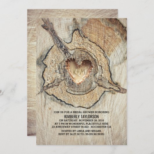 彫刻木材ハート素朴ツリーブライダルシャワー 招待状 (正面/裏面)
