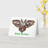 彫刻木角フクロウ誕生日 カード (黄色い花)